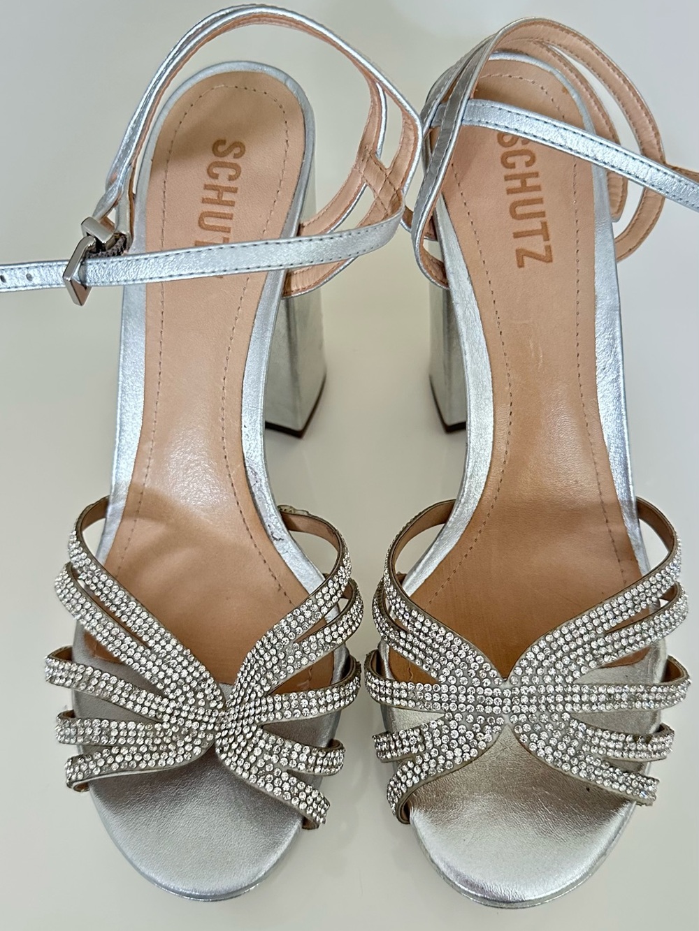 SCHUTZ Silver Rhinestone Strappy Block Heel Sandals